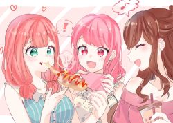 Rule 34 | !, !!, 3girls, :d, ^ ^, bang dream!, bare shoulders, blue shirt, brown hair, cellphone, cheese, closed eyes, cup, diagonal stripes, eating, floral print, food, food on face, food request, green eyes, half updo, hana kon (17aaammm), highres, holding, holding cup, holding phone, imai lisa, ketchup, long hair, low twintails, maruyama aya, multiple girls, musical note, nail polish, off-shoulder shirt, off shoulder, open mouth, phone, pink eyes, pink hair, pink nails, pink shirt, print shirt, red nails, shirt, smartphone, smile, spoken exclamation mark, spoken musical note, striped background, striped clothes, striped shirt, twintails, uehara himari, vertical-striped clothes, vertical-striped shirt, yellow shirt