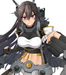 Rule 34 | 1girl, black-hair, black gloves, black hair, breasts, clenched hands, gloves, gradient hair, hair between eyes, headgear, highres, kantai collection, large breasts, long hair, looking at viewer, machi (ritovoyage), midriff, multicolored hair, nagato (kancolle), nagato kai ni (kancolle), partially fingerless gloves, pleated skirt, red eyes, rigging, skirt, solo, tassel, twitter username, white skirt