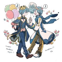 Rule 34 | !, 2boys, balloon, blue capelet, blue eyes, blue flower, blue hair, blue jacket, blue nails, blue pants, blue scarf, brown footwear, brown pants, buttons, capelet, clothing cutout, coat, crown, double-breasted, dual persona, eighth note, epaulettes, eye contact, face-to-face, fingernails, flower, food, fringe trim, full body, gold trim, green flower, happy, hazime, head wreath, headset, high collar, ice cream, jacket, kaito (vocaloid), light blush, looking at another, male focus, multiple boys, musical note, nail polish, open mouth, oxfords, pants, pink vest, project sekai, purple flower, red flower, scarf, shoes, simple background, single vertical stripe, smile, speech bubble, spoken exclamation mark, spoken musical note, standing, star cutout, striped clothes, striped pants, vertical-striped clothes, vertical-striped pants, vest, vocaloid, white background, white coat, white footwear, wing collar, wonderlands x showtime kaito, yellow flower
