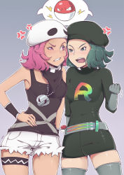 Rule 34 | 2girls, anger vein, angry, arguing, belt, black dress, black gloves, black headwear, black shirt, blush, breasts, clenched hand, commentary, creature, creatures (company), dress, english commentary, furrowed brow, game freak, gen 1 pokemon, gloves, gradient background, green eyes, green hair, grey background, hand on own hip, highres, jewelry, long sleeves, medium breasts, medium hair, milka (milk4ppl), multiple girls, necklace, nintendo, pink eyes, pink hair, poke ball, poke ball (basic), pokemon, pokemon (creature), pokemon sm, pokemon usum, shirt, short dress, small breasts, team rainbow rocket, team rainbow rocket grunt, team rainbow rocket uniform, team skull, team skull grunt, team skull uniform, thighhighs, thighs, trembling, voltorb, white headwear