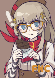 Rule 34 | 1girl, bandana, blue eyes, brown hair, candy, character name, chocolate, chocolate bar, eating, fnc (girls&#039; frontline), food, girls&#039; frontline, glasses, griffin &amp; kryuger, grifon&amp;kryuger, hair ornament, hairclip, hat, highres, looking at viewer, papaia (quentingqoo), solo