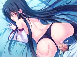 Rule 34 | black hair, breasts, censored, clothed sex, from behind, kotone (zettai saikyou oppai sensou), long hair, panties, penis, red eyes, softhouse-seal, underwear, zettai saikyou oppai sensou!!