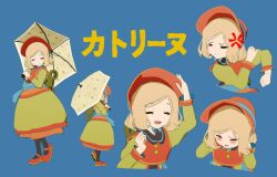 Rule 34 | 1girl, anger vein, angry, blonde hair, blush, bonnet, catherine (yasuda genshou), character sheet, closed eyes, commentary request, covering own ears, doll, dress, frown, full body, highres, holding, holding umbrella, looking at viewer, medium hair, original, pantyhose, parasol, sash, shoes, simple background, smile, translated, umbrella, waving, winding key, yasuda genshou