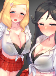 Rule 34 | 2girls, black eyes, black hair, blonde hair, blue eyes, blush, breasts, character request, cleavage, closed mouth, commission, flower, front-tie top, hair flower, hair ornament, half-closed eyes, harohapi! shinonome megu-chan no oheya, highres, indie virtual youtuber, large breasts, looking at viewer, midriff, multiple girls, nose blush, open mouth, red skirt, shinonome megu, skeb commission, skirt, smile, thick eyebrows, virtual youtuber, yoshiwa tomo