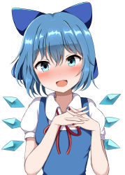 Rule 34 | 1girl, :d, absurdres, blue bow, blue eyes, blue hair, blush, bow, cirno, collared shirt, commentary request, guard vent jun, hair bow, highres, ice, ice wings, looking at viewer, open mouth, own hands clasped, own hands together, shirt, short hair, simple background, smile, solo, touhou, upper body, white background, wings