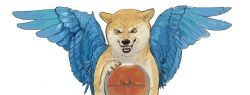 Rule 34 | animal, animal focus, blue wings, dog, doge, feathered wings, highres, mossacannibalis, no humans, orb, sharp teeth, shiba inu, simple background, teeth, twitter, white background, wings