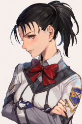 Rule 34 | 1girl, black hair, breasts, brown eyes, crossed arms, gunparade march, high ponytail, hungry clicker, medium breasts, profile, shibamura mai, shirt, simple background, solo, upper body, white background, white shirt