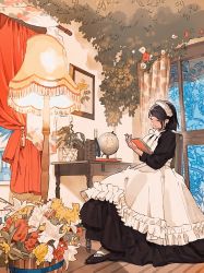 Rule 34 | 1girl, apron, black dress, black footwear, black hair, book, bow, bucket, chair, closed mouth, commentary request, curtains, desk, drawer, dress, closed eyes, flower, full body, globe, highres, holding, holding book, indoors, lamp, leaf, long dress, long sleeves, maid, maid apron, maid headdress, meido-fuku ga mitai, neck ribbon, open book, original, painting (object), photo-referenced, plant, potted plant, ribbon, short hair, sitting, smile, solo, white bow, window