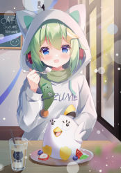 Rule 34 | 1girl, animal hood, blue eyes, blueberry, blush, cafe, cake, chalkboard, commentary request, cup, drawstring, drinking glass, drinking straw, fengshen chino, food, fork, fruit, green scarf, hair between eyes, hand up, headphones, holding, holding fork, hood, hood up, hoodie, indoors, long hair, long sleeves, looking at viewer, open mouth, original, scarf, smile, solo, strawberry, table, upper body, white hoodie, window
