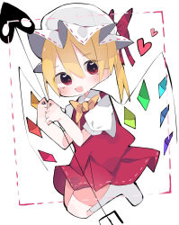 Rule 34 | 1girl, ascot, blonde hair, crystal wings, dress, fang, flandre scarlet, full body, hat, hat ribbon, heart, highres, laevatein (touhou), nacht musik, open mouth, red dress, red eyes, red ribbon, ribbon, simple background, skin fang, socks, solo, touhou, white background, yellow ascot