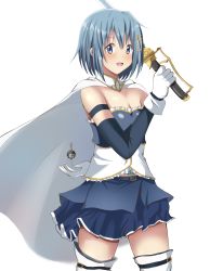 Rule 34 | 1girl, :d, absurdres, arm behind back, bad id, bad pixiv id, belt, belt buckle, blue eyes, blue hair, blue skirt, buckle, cape, cutlass, detached sleeves, facing away, fortissimo, gloves, grief seed, hair ornament, hairclip, hateri, highres, holding, holding sword, holding weapon, looking at viewer, magical girl, mahou shoujo madoka magica, mahou shoujo madoka magica (anime), mahou shoujo madoka magica movie 1 &amp; 2, miki sayaka, musical note, musical note hair ornament, open mouth, saber (weapon), short hair, simple background, skirt, smile, solo, sword, thighhighs, time paradox, weapon, white background, white cape, white gloves, white thighhighs