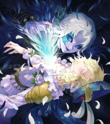 Rule 34 | 22 pudding, 2boys, andrew kreiss, blonde hair, blue eyes, blue headwear, bracer, closed eyes, earclip, feathers, flower, hat feather, highres, identity v, joseph desaulniers, looking at another, magic, multiple boys, pointy ears, shirt, white flower, white hair, white shirt