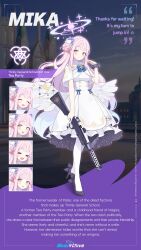 Rule 34 | absurdres, angel wings, black scrunchie, blue archive, capelet, dress, english text, gun, hair bun, halo, highres, lanchester smg, low wings, mika (blue archive), official art, pink hair, pink halo, scrunchie, single side bun, submachine gun, weapon, white capelet, white dress, white wings, wings, yutokamizu