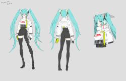 Rule 34 | 2girls, aqua eyes, aqua hair, asymmetrical bodysuit, black bodysuit, black gloves, bodysuit, boots, character name, character sheet, copyright name, covered mouth, cropped jacket, english text, flame print, flat color, gloves, goodsmile racing, green gloves, grey background, hair between eyes, hatsune miku, high heel boots, high heels, jacket, limited palette, long hair, long sleeves, mask, mouth mask, multiple girls, multiple views, neco, official art, racing miku, racing miku (2022), see-through, sidelocks, simple background, single thigh boot, skindentation, smiley face, standing, thigh boots, turnaround, twintails, two-tone gloves, very long hair, vocaloid, white jacket, white mask