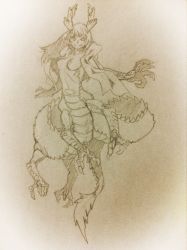 Rule 34 | 1girl, breasts, claws, dragon, dragon girl, dragon horns, dragon tail, eastern dragon, horns, kanemaki thomas, long hair, monochrome, monster girl, nipples, original, scales, shawl, smile, solo, tail, talons, traditional media