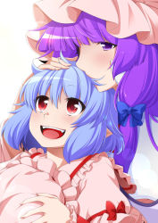Rule 34 | 2girls, blue hair, blush, chin rest, commentary request, eichi yuu, fangs, hair in own mouth, hair ribbon, hand on another&#039;s head, hat, unworn hat, head on head, head rest, unworn headwear, highres, holding, holding clothes, holding hat, leaning on person, light blue hair, long hair, looking away, looking up, mob cap, multiple girls, open mouth, patchouli knowledge, pink shirt, pointy ears, puffy short sleeves, puffy sleeves, purple eyes, purple hair, red eyes, remilia scarlet, ribbon, shirt, short hair, short sleeves, sidelocks, teeth, touhou, tress ribbon, upper body, upper teeth only, wrist cuffs, yuri