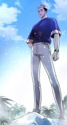 Rule 34 | 1boy, black hair, blue eyes, blue shirt, highres, long hair, multicolored hair, open mouth, pants, player who can&#039;t level up, shirt, sky, smile, solo, tree, two-tone hair, white hair, white pants, yoo seokwoo