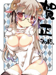 Rule 34 | 10s, 1girl, 2015, :&lt;, :3, animal ears, bad id, bad pixiv id, between legs, blush, breasts, cleavage, fur trim, glasses, grey hair, hair ribbon, hand between legs, hand on own chest, happy new year, highres, horns, large breasts, long hair, looking at viewer, meme attire, new year, open-chest sweater, original, pink eyes, plaid, plaid background, ribbed sweater, ribbon, semi-rimless eyewear, sheep ears, sheep girl, sheep horns, solo, sweater, thighhighs, under-rim eyewear, yoroi nau