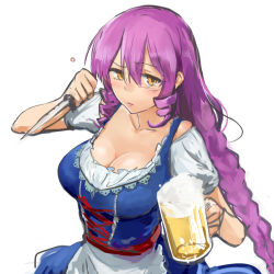 Rule 34 | 1girl, aimitsu (ibityuttyu), akuma no riddle, apron, beer mug, braid, breasts, cleavage, collarbone, corset, cup, hair between eyes, holding, holding cup, holding knife, inukai isuke, knife, large breasts, long hair, looking at viewer, mug, purple hair, short sleeves, simple background, solo, standing, very long hair, waist apron, white apron, white background, yellow eyes