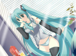 Rule 34 | 1girl, aqua eyes, aqua hair, bad id, bad pixiv id, cup, detached sleeves, drinking straw, hatsune miku, kaho, kaho okashii, long hair, milk, mouth hold, necktie, no pants, panties, solo, spring onion, striped clothes, striped panties, thighhighs, twintails, underwear, very long hair, vocaloid, window, window blinds