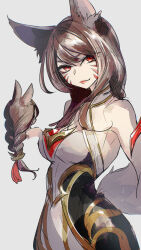 Rule 34 | 1girl, ahri (league of legends), animal ears, black hair, breasts, closed mouth, facial mark, fox ears, fox tail, grey background, hair between eyes, highres, league of legends, long hair, looking at viewer, medium breasts, multiple views, official alternate costume, official alternate hairstyle, pote0508, red eyes, risen legend ahri, sidelocks, simple background, smile, tail, upper body, whisker markings