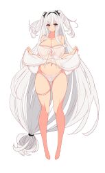 Rule 34 | 1girl, absurdly long hair, absurdres, azur lane, bare shoulders, black hairband, blue eyes, blush, breasts, cleavage, clothes lift, elbing (azur lane), elbing (sleepless night&#039;s wishes) (azur lane), full body, hairband, hands up, heterochromia, highres, large breasts, lingerie, londom (lonhomewell), long hair, looking at viewer, low-tied long hair, navel, nightgown, off shoulder, official alternate costume, panties, red eyes, simple background, smile, solo, thigh strap, two side up, underwear, very long hair, white background, white panties