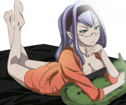 Rule 34 | 00s, 1girl, anacondy, anacondy (yes! precure 5), barefoot, bed, breasts, cleavage, feet, glasses, green eyes, hairband, kikuchi mataha, large breasts, long hair, lowres, lying, on stomach, pajamas, pointy ears, precure, purple hair, solo, yes! precure 5