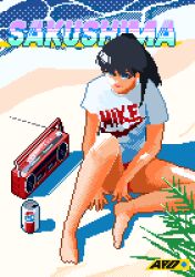 Rule 34 | 1girl, animated, animated gif, apo (rairaru20001), barefoot, beach, black hair, blue eyes, boombox, brand name imitation, can, drink can, long hair, looking at viewer, nike (company), ocean, original, pixel art, radio, shadow, sitting, smile, soda can, solo, waves, wind