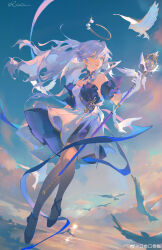 Rule 34 | 1girl, absurdres, bare shoulders, bird, blush, character name, detached sleeves, dress, floating hair, full body, gloves, hair between eyes, halo, hand up, head wings, high heels, highres, holding, holding staff, honkai: star rail, honkai (series), koujuan, long hair, looking to the side, open mouth, purple dress, purple hair, purple sleeves, robin (honkai: star rail), short sleeves, smile, solo, staff, teeth, two-tone dress, upper teeth only, white dress, white gloves, white wings, wings