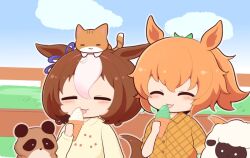 Rule 34 | 2girls, ^ ^, animal, animal ears, animal on head, blue sky, blush, brown hair, brown shirt, cat, chibi, closed eyes, closed mouth, cloud, collared shirt, day, dress shirt, fence, food, gomashio (goma feet), grass, green ribbon, hair ribbon, holding, holding food, horse ears, horse girl, horse tail, ice cream, ice cream cone, licking, long sleeves, meisho doto (umamusume), multicolored hair, multiple girls, on head, orange hair, outdoors, ponytail, puffy long sleeves, puffy sleeves, ribbon, sheep, shirt, short sleeves, sky, sleeves past wrists, soft serve, taiki shuttle (umamusume), tail, tanuki, tongue, tongue out, two-tone hair, umamusume, white hair, white shirt, wooden fence