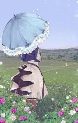 Rule 34 | 1girl, absurdres, bad id, bad twitter id, belt, blue bow, blue jacket, bow, brown belt, brown footwear, dress, facing away, flower, frilled umbrella, frills, from behind, grass, grey sky, highres, jacket, long dress, long sleeves, looking afar, outdoors, parasol, path, peachpetals, pink flower, pink rose, puffy sleeves, road, rose, rose bush, sky, solo, standing, umbrella, violet (flower), violet evergarden, violet evergarden (series), white dress, white flower, white rose