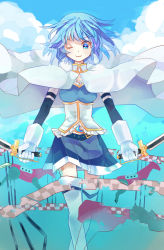 Rule 34 | 10s, 1girl, adgjl, armband, bad id, bad pixiv id, blue eyes, blue hair, cape, dual wielding, gloves, holding, magical girl, mahou shoujo madoka magica, mahou shoujo madoka magica (anime), matching hair/eyes, miki sayaka, one eye closed, short hair, smile, solo, soul gem, sword, thighhighs, weapon, wink, witch&#039;s labyrinth, zettai ryouiki