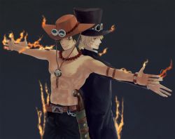 Rule 34 | 2boys, back-to-back, blonde hair, brothers, brown hair, fire, freckles, goggles, hat, highres, jacket, jewelry, magic, male focus, multiple boys, necklace, one piece, portgas d. ace, sabo (one piece), scar, topless male, siblings, tattoo, time paradox, top hat