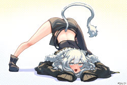 Rule 34 | 1girl, absurdres, animal ears, arm rest, ass, asymmetrical legwear, black footwear, black jacket, ear piercing, flexible, full body, grey eyes, grey hair, highres, hololive, jack-o&#039; challenge, jacket, kanchigai, lion ears, lion girl, lion tail, meme, messy hair, piercing, shishiro botan, shishiro botan (1st costume), simple background, single leg pantyhose, solo, spread legs, stretching, tail, top-down bottom-up, two side up, virtual youtuber, white background, wide spread legs