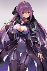Rule 34 | 1girl, black choker, blush, bodysuit, breasts, choker, circlet, cleavage, fate/grand order, fate (series), fur trim, hair between eyes, highres, large breasts, long hair, looking at viewer, ogadenmon, purple bodysuit, purple hair, purple legwear, red eyes, scathach (fate), scathach skadi (fate), scathach skadi (second ascension) (fate), simple background, smile, solo, standing, thigh gap, very long hair, weapon