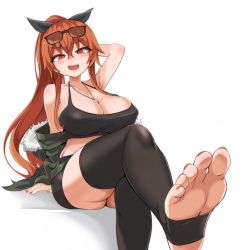 Rule 34 | 1girl, absurdres, arm behind head, barefoot, blush, breasts, brown hair, cleavage, crop top, crossed legs, dog tags, feet, foot focus, highres, kim wang jang, large breasts, long hair, looking at viewer, nail polish, open mouth, orange nails, ponytail, red eyes, shorts, soles, stirrup legwear, sunglasses on head, toeless legwear, toenail polish, toenails, toes