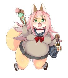 Rule 34 | 1girl, animal ears, artist request, bag, bow, breasts, choker, fang, food, fox, fox ears, fox tail, furry, furry female, green eyes, ice cream, ice cream cone, long hair, long sleeves, looking at viewer, medium breasts, open mouth, pink hair, pleated skirt, red bow, school uniform, serafuku, shinobe, shoes, simple background, skirt, smile, socks, solo, tail, teeth, white background, white socks