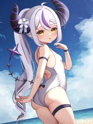 Rule 34 | 1girl, ass, backless swimsuit, beach, breasts, create8, from behind, grey hair, highres, hololive, horns, kneeling, la+ darknesss, long hair, multicolored hair, nail polish, one-piece swimsuit, pointy ears, ponytail, purple hair, small breasts, streaked hair, swimsuit, tail, thigh strap, virtual youtuber, yellow eyes