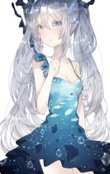 Rule 34 | 1girl, animal print, bare arms, blue dress, blue eyes, breasts, cleavage, commentary request, double exposure, dress, fish print, hair between eyes, hatsune miku, highres, long hair, open mouth, print dress, shinkai shoujo (vocaloid), siho (ricchil), silver hair, simple background, sleeveless, sleeveless dress, small breasts, solo, twintails, unmoving pattern, very long hair, vocaloid, white background