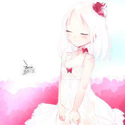 Rule 34 | 1girl, blush, chinese commentary, closed mouth, commentary request, dated, dress, ejami, original, see-through, short hair, signature, smile, solo, white hair