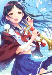 Rule 34 | 1girl, :d, absurdres, artist name, bird, black hair, blue skirt, blue sky, character name, clothes lift, collarbone, collared shirt, contrail, cowboy shot, day, floating hair, half-closed eyes, high school fleet, highres, holding, holding instrument, instrument, long hair, looking at viewer, marikouji kaede, midriff, miniskirt, neckerchief, nishimura eri, official art, open mouth, outdoors, parted bangs, pleated skirt, red neckerchief, sailor collar, sailor shirt, school uniform, serafuku, shirt, skirt, skirt lift, sky, smile, solo, sparkle, standing, stomach, straight hair, trumpet, very long hair, white sailor collar, white shirt, yellow eyes, yokosuka girls marine high school uniform