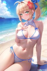 Rule 34 | 1girl, absurdres, artoria pendragon (fate), artoria pendragon (swimsuit archer) (fate), bare arms, bare shoulders, beach, bikini, blonde hair, breasts, commentary request, day, fate/grand order, fate (series), flower, green eyes, hair flower, hair ornament, highres, large breasts, long hair, looking at viewer, nail polish, navel, outdoors, parted lips, ponytail, side-tie bikini bottom, sidelocks, sitting, solo, stomach, studiopokotan, swimsuit, water, wet, white bikini