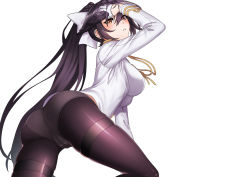 Rule 34 | 1girl, absurdres, aiguillette, arm support, ass, azur lane, bad id, bad pixiv id, black hair, black pantyhose, blush, bow, breasts, brown eyes, cameltoe, crotch seam, eyes visible through hair, from behind, gloves, hair bow, hair flaps, half gloves, hand on own head, highres, hyperbudd, kneeling, large breasts, long hair, long sleeves, looking at viewer, looking back, military, military uniform, panties, panties under pantyhose, pantyhose, ponytail, shirt, sidelocks, skindentation, solo, sweat, takao (azur lane), thigh strap, thighband pantyhose, thighs, underwear, uniform, very long hair, white background, white bow, white gloves