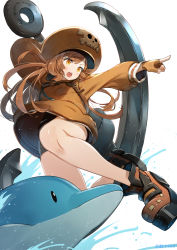 Rule 34 | 1girl, anchor, artist name, bare legs, bike shorts, black gloves, boots, brown eyes, brown hair, dolphin, fingerless gloves, gloves, guilty gear, guilty gear strive, hair between eyes, hat, highres, jacket, long hair, may (guilty gear), orange gloves, orange hat, orange jacket, orange shirt, pirate hat, shirt, shorts, signature, skull and crossbones, solo, splashing, tansan daisuki, water