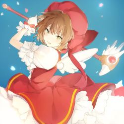 Rule 34 | 1girl, blue background, bow, brown hair, cardcaptor sakura, character request, commentary, dress, frilled gloves, frilled sleeves, frills, gloves, green eyes, hair intakes, holding, looking at viewer, magical girl, puffy short sleeves, puffy sleeves, red bow, red dress, short hair, short sleeves, single horizontal stripe, solo, symbol-only commentary, white gloves, white wings, wings