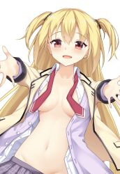 Rule 34 | 1girl, :d, arihara nanami, beads, blonde hair, blush, breasts, breasts apart, collarbone, collared shirt, commentary, curvy, dress shirt, dutch angle, eyes visible through hair, grey skirt, groin, hair beads, hair between eyes, hair ornament, happy, highres, incoming hug, jacket, large breasts, long hair, long sleeves, looking at viewer, navel, necktie, no bra, open clothes, open jacket, open mouth, open shirt, open vest, outstretched arms, outstretched hand, purple sweater vest, raised eyebrows, red eyes, red necktie, riddle joker, school uniform, shirt, simple background, skirt, smile, solo, straight hair, sweater vest, tsurime, two side up, undone necktie, upper body, very long hair, vest, white background, white shirt, yamichi (yamichi8369), yellow jacket