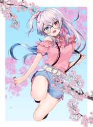 Rule 34 | 1girl, absurdres, bare shoulders, belt, belt buckle, black-framed eyewear, blue hair, blue sky, blurry, blurry background, blurry foreground, blush, border, bow, buckle, cherry blossoms, commission, fingernails, frills, glasses, green eyes, grey hair, hair between eyes, hair ornament, hairclip, heart, heart belt, heterochromia, highres, long hair, looking at viewer, multicolored hair, off shoulder, open mouth, original, pink bow, pink ribbon, ponytail, purple bow, red eyes, ribbon, round eyewear, shiny skin, shirt tucked in, short shorts, shorts, skeb commission, sky, smile, solo, streaked hair, symbol-shaped pupils, tyazakura sayu, white border, yellow pupils