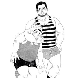 Rule 34 | 2boys, :d, arm around neck, bara, beard stubble, belly, blush, bulge, daisukebear, facial hair, fat, fat man, feet out of frame, greyscale, height difference, large pectorals, male focus, mature male, monochrome, multiple boys, muscular, muscular male, mustache stubble, open mouth, original, pectoral, pectoral cleavage, pectorals, shirt, short hair, short shorts, shorts, sidepec, smile, standing, striped clothes, striped shirt, stubble, tank top, thick eyebrows, yaoi