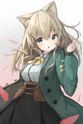 Rule 34 | 1girl, :o, absurdres, animal ear fluff, animal ears, arknights, black skirt, bow, breasts, brown hair, collared shirt, commentary request, dog ears, dress shirt, fang, female focus, gradient background, green eyes, green jacket, hair between eyes, hand up, highres, jacket, long hair, long sleeves, looking at viewer, medium breasts, open clothes, open jacket, parted lips, petals, pink background, podenco (arknights), puffy long sleeves, puffy sleeves, shirt, skirt, solo, teruriu, very long hair, white background, white shirt, yellow bow