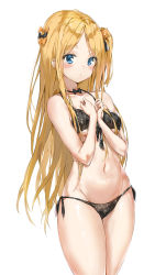 Rule 34 | 1girl, abigail williams (fate), bare shoulders, bikini, black bikini, black bow, blonde hair, blue eyes, blush, bow, breasts, collarbone, fate/grand order, fate (series), forehead, highres, long hair, looking at viewer, navel, one side up, open mouth, orange bow, parted bangs, pixel (yuxian), polka dot, polka dot bikini, polka dot bow, side-tie bikini bottom, simple background, small breasts, solo, swimsuit, thighs, white background